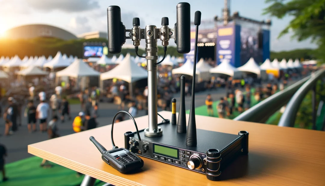Antenne radio montée sur un mât temporaire pour un événement