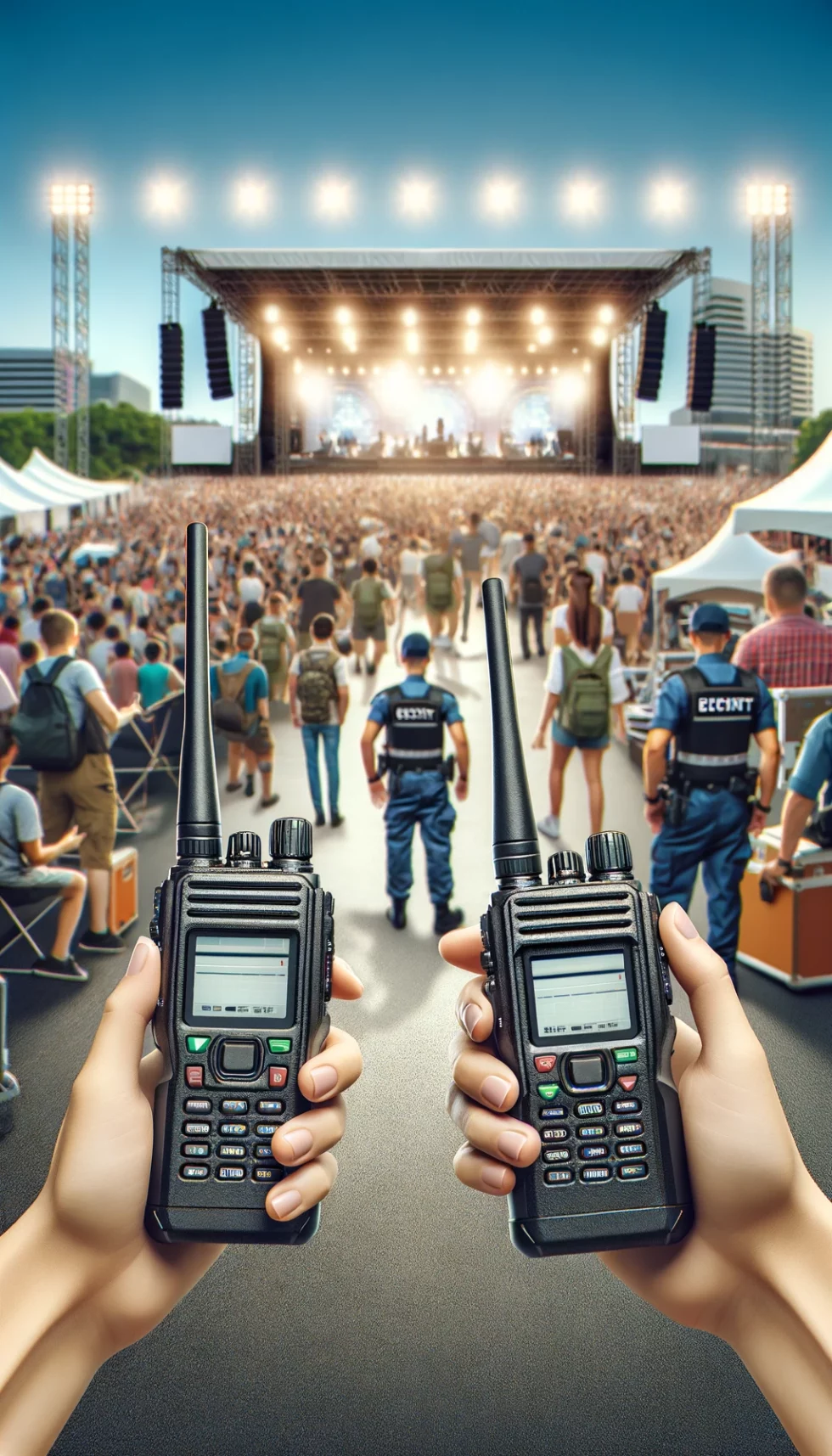 Équipe d’un événement et agents de sécurité utilisant des radios portatives