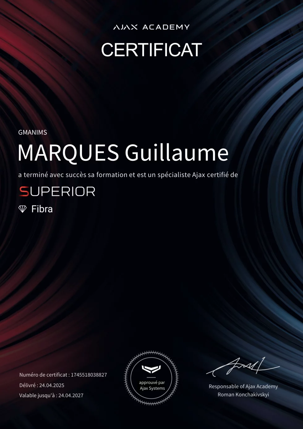 Certificat d’installateur Ajax Superior Fibra au nom de Guillaume Marques